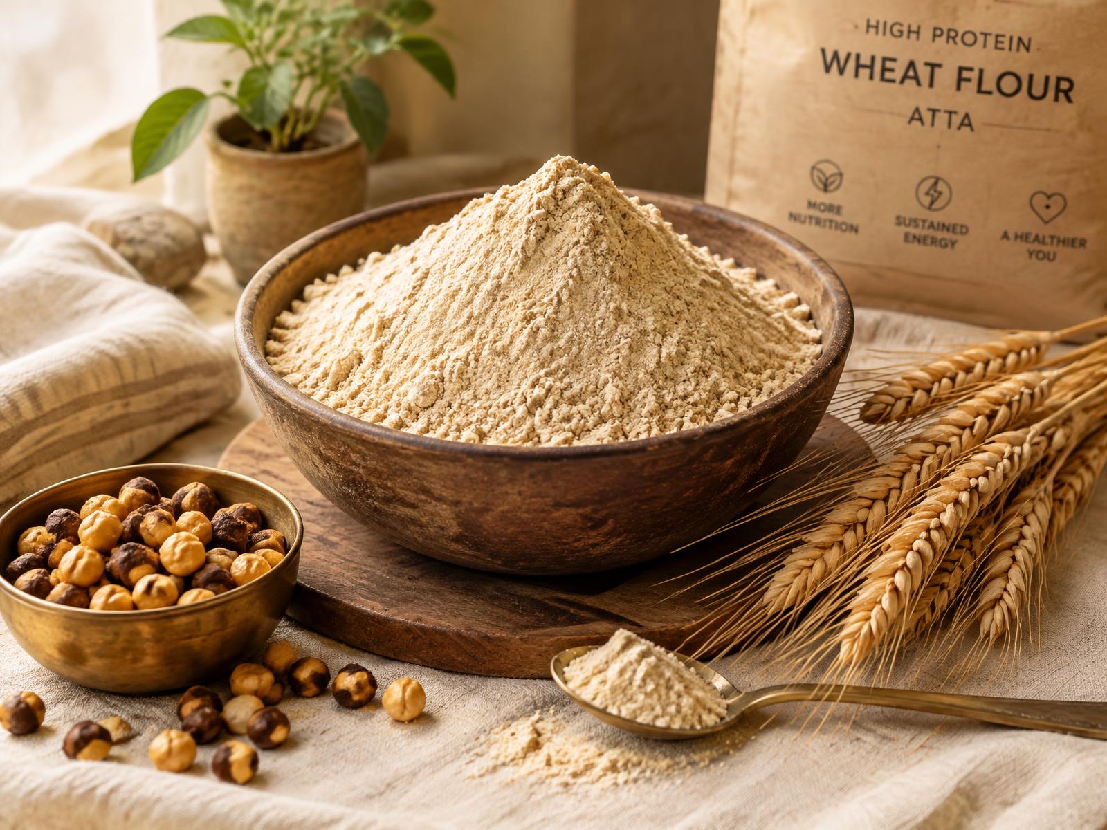 Bowl of Ahaarify high-protein atta with wheat and roasted gram
